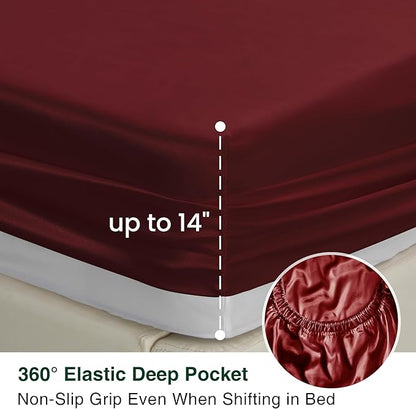Love's cabin Twin Satin Sheets Sets - 3 Piece Burgundy Silky Bed Sheets with Deep Pockets, Luxury Silk Feel Satin Twin Size Sheet Set Bedding Set (1 Flat Sheet,1 Fitted Sheet,1 Pillow case)