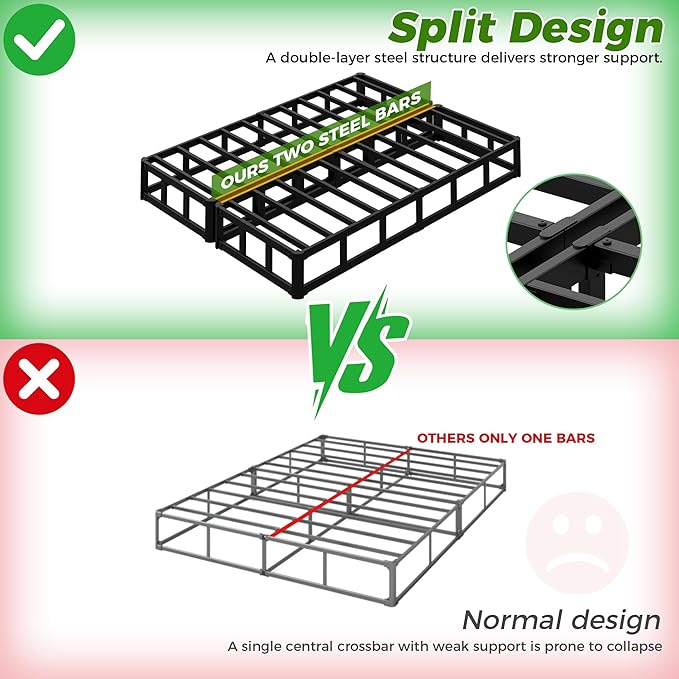 EMODA 10 Inch Split Queen Box Spring Bed Base, 2 Piece Heavy Duty Metal Box Spring for Queen Bed with Fabric Cover, Easy Assembly