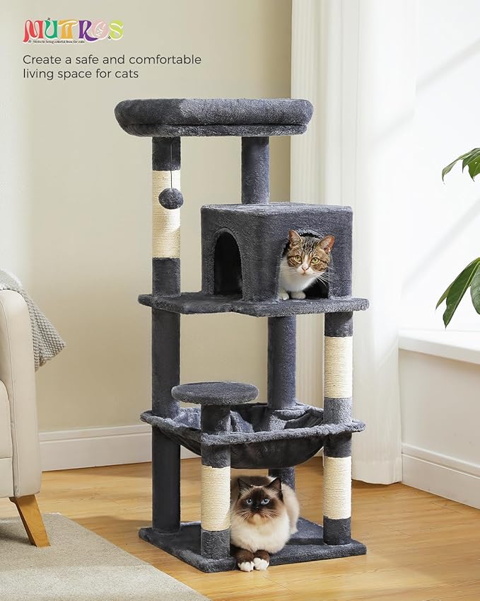 Cat Tree for Indoor Cats, 45.7" Multi-Level Cat Tower with Large Metal Frame Hammock, Cat Condo with 4 Scratching Posts and Top Perch for Small Medium Cat, Dark Grey-Mewly Pet