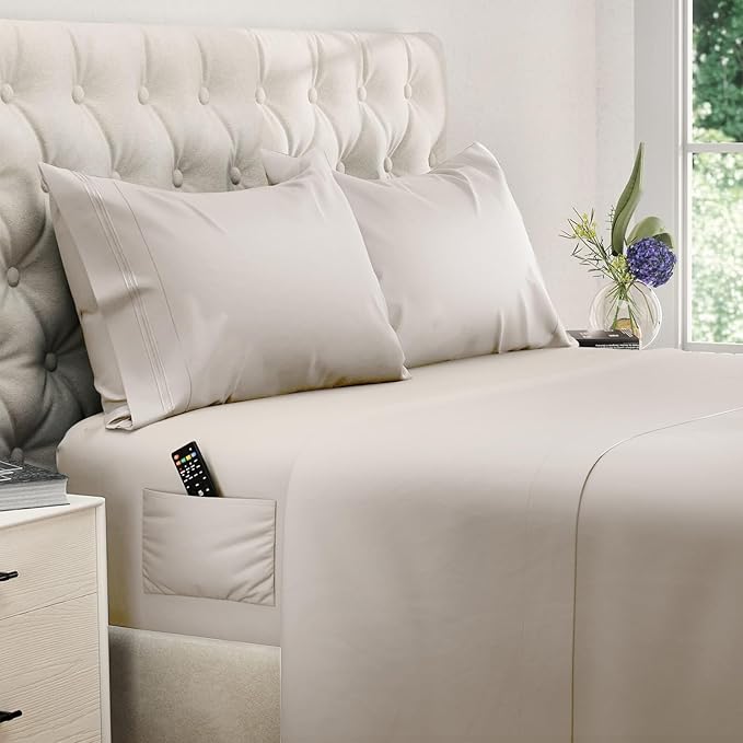 DREAMCARE King Size Sheets Set - Cooling Bed Sheets - 4pcs Set - up to 15" Deep Pocket King Sheet Set – Soft & Long Lasting Cooling - 100% Fine Brushed Microfiber with Side Pocket - Beige