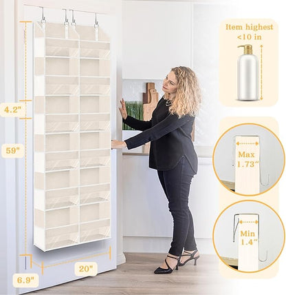 Over the Door Organizer 6 Tiers, Extra Large Behind Door Storage of 12 Compartments,80 lbs Weight Capacity Hanging Storage Organizer with Clear Window Kids Toys, Shoes, Diapers,Beige