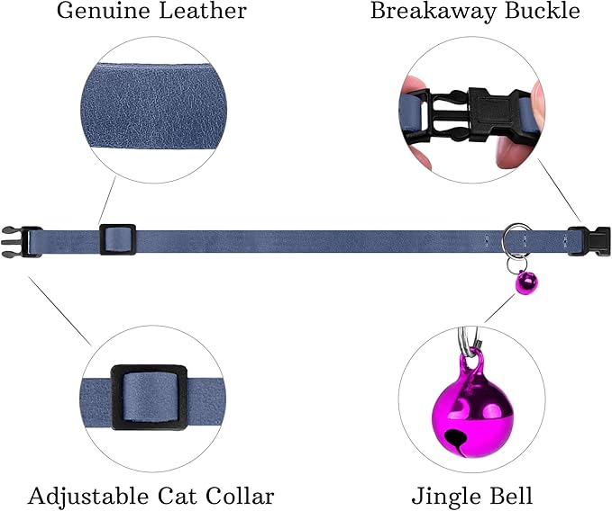 Breakaway Cat Collar Leather with Removable Bell - 13 Colors Available - Soft Adjustable Girl Boy Safety Lightweight Pet Kitten Collars Pink Brown Blue Green Red Orange Black (Denim)-Mewly Pet