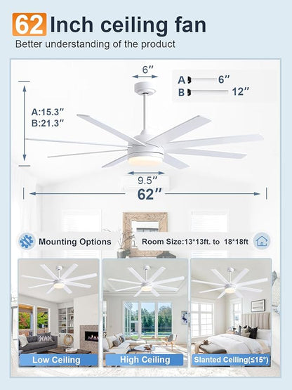 YUHAO 62 Inch White Ceiling Fan with Light and Remote Control.Noiseless,Dimmable,3CCT,6 Speeds Reversible, DC Ceiling Fans for Indoor or Covered Outdoor