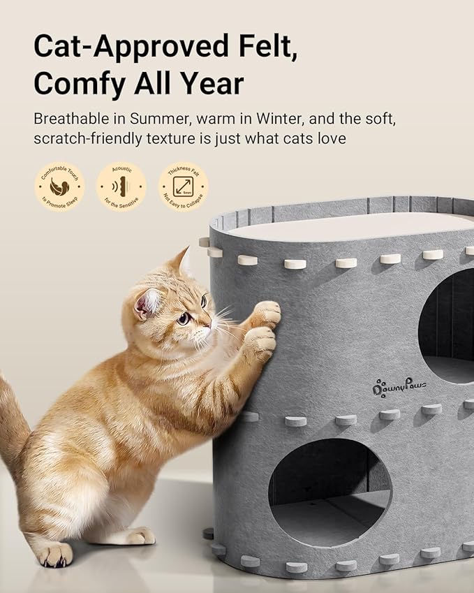 DownyPaws Cat House for Indoor Cats, 2-Storey Foldable Cat Bed Cave, Felt Cats Tunnel Bed Condo, Castle Kitten Cube Hideaway for Multicats, Scratch Resistant, Light Gray-Mewly Pet