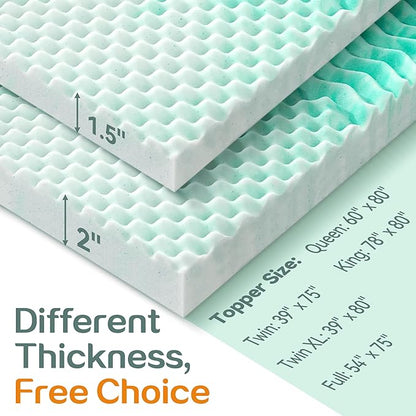 SINWEEK Mattress Topper Memory Foam Mattress Topper 2 Inch Queen Soft Mattress Pad for Pressure Relief, 5-Zone Design, CertiPUR-US Certified, Green