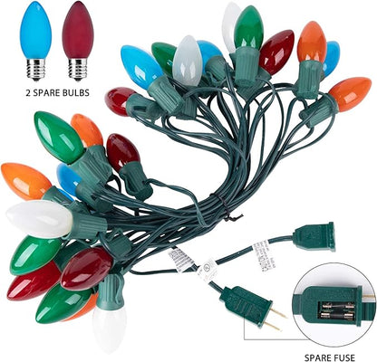 Minetom Ceramic Multicolor Christmas Lights, C9 25 Feet Vintage Incandescent Lights with Opaque Bulbs for Patio Fence Roofline Outdoor Indoor Holiday Decorations, 25 Bulbs with 2 Spare
