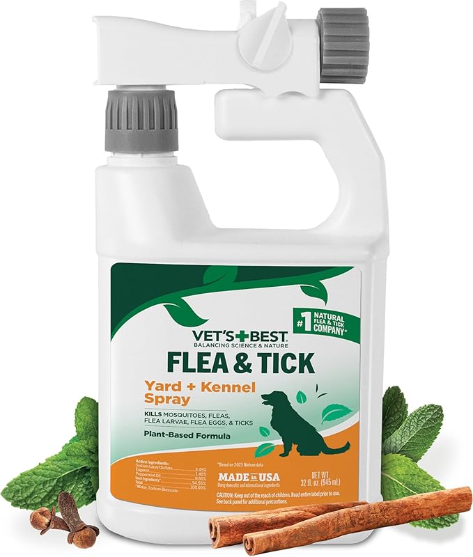 Vet's Best Flea and Tick Yard & Kennel Spray, Dog Flea Spray that Kills Fleas, Mosquitoes, & Ticks, Plant-Based Ingredients, Plant Safe Ready-to-Use Hose Attachment, 32 fl oz-Mewly Pet