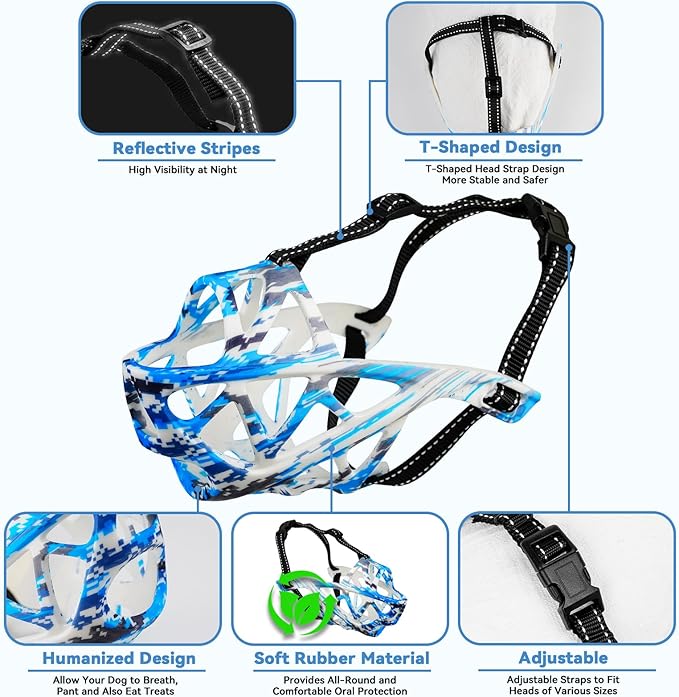 Dog Muzzle for Large Dogs, Medium and X-Large Aggressive Dog, Breathable Basket Muzzles, Suitable for Grooming Trimming Training, Allows Panting Drinking (Camouflage Blue, L)-Mewly Pet