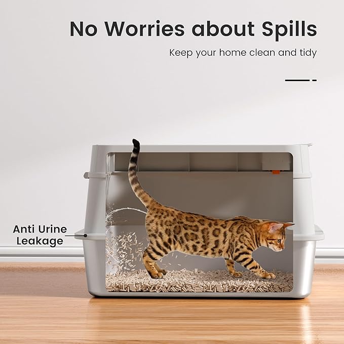 XL Stainless Steel Cat Litter Box with Easy-Open Lid, AOTRUTII Enclosed Metal Litter Box for Big Cats, Front Entry & Top Exit, High Sided, Anti-Leak, Non-Stick, Easy to Clean, Includes Scoop-Mewly Pet