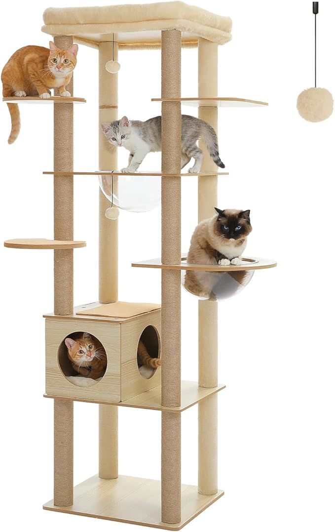 71" Tall Wood Cat Tree for Large Cats, Modern Cat Tower with 2 Acrylic Bowls, Large Top Perch, Spacious Cat Cave (Soft Cushion Included), 10 Sisal Scratching Posts and Non-Slip Jump Platforms-Mewly Pet