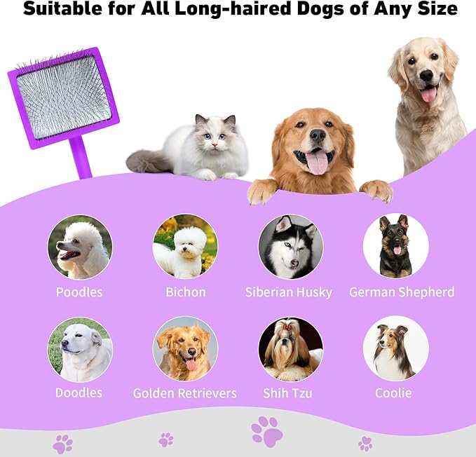 Dog Slicker Brush for Shedding and Grooming Medium or Long Haired Cats, Extra Long & Soft Pin Slicker Brush for Removes Loose Hair, Tangles, Knots, Undercoat, Free Pet Comb, Large Purple-Mewly Pet