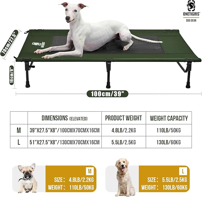 ONETIGRIS Elevated Dog Bed, Outdoor Dog Cod Large Raised Dogs Bed with Chew Proof Mesh, No-Slip Portable Dogs Cot Bed for Indoor & Outdoor Portable (Green, Large)-Mewly Pet