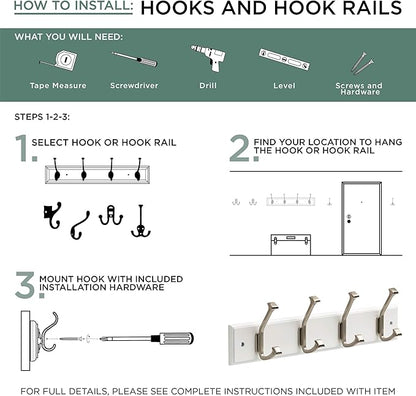 Liberty 129849 18-Inch Coat and Hat Hook Rail/Rack with 4 Heavy Duty Hooks, White and Satin Nickel