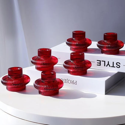 VOHO 12pcs Ribbed Taper Candle Holders for Table Centerpiece, Romantic Red Glass Candle Holder for Anniversary Wedding Decor, Double-Sided Red Tapered Candlestick Holders for Tealight & Taper Candles