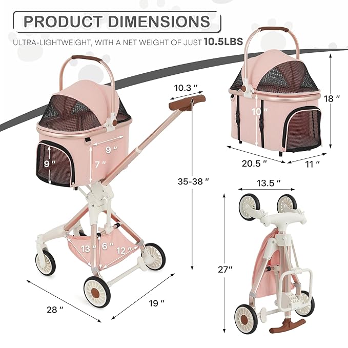 MoNiBloom 3 in 1 Pet Stroller with Adjustable Handle, Jogging Stroller w/Detachable Carrier & Lightweight Aluminum Frame for Dogs Cats, Soft Pink-Mewly Pet