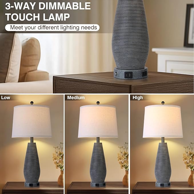 Farmhouse Table Lamps Set of 2 with USB C+A Ports and AC Outlet, 3 Way Touch Rustic Bedside Lamps for Living Room, 26.5" Grey Vintage Lamps for Bedroom Nightstand