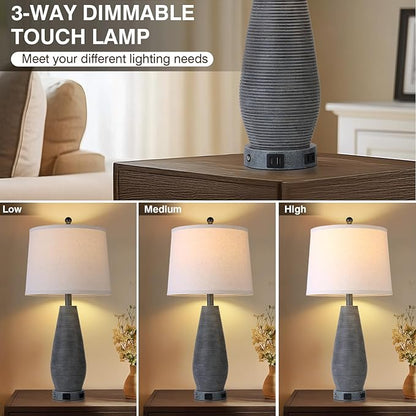 Farmhouse Table Lamps Set of 2 with USB C+A Ports and AC Outlet, 3 Way Touch Rustic Bedside Lamps for Living Room, 26.5" Grey Vintage Lamps for Bedroom Nightstand