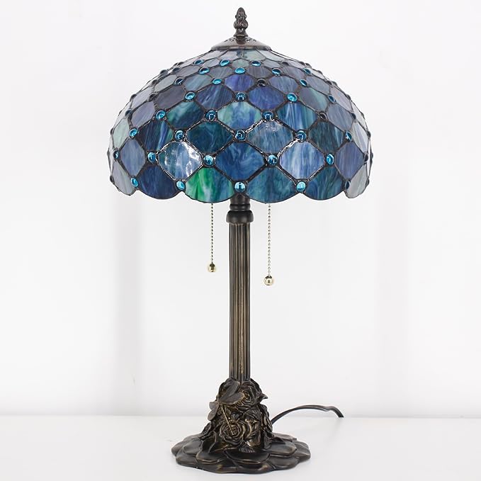 Tiffany Stained Glass Table Lamp 12X12X21Inch Resin Base Desk Bedroom Living Room Reading Light (Sea Blue Pearl)