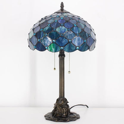Tiffany Stained Glass Table Lamp 12X12X21Inch Resin Base Desk Bedroom Living Room Reading Light (Sea Blue Pearl)