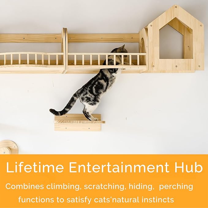 Cat Wall Shelves and Furniture Set with Condos, Perches, Bridge Ladders, Sisal Scratching Posts - Steps and Houses for Cats (D)-Mewly Pet