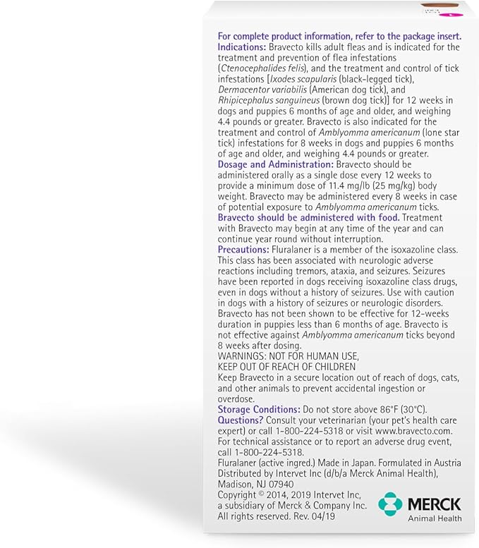 BRAVECTO Chew for Dogs, Flea & Tick, 1 Chew, 12 Week Supply, 88-123 lbs., Pink Box-Mewly Pet