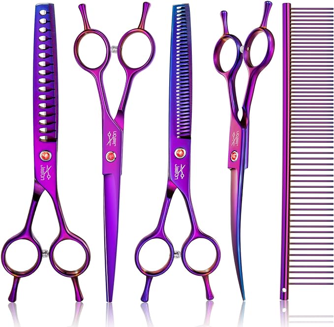 JASON Dog Grooming Scissors Kit, Professional 6 in 1 Dog Scissors Sharp Shears Set - Straight, Thinning, Chunker, Curved Shears and Comb for Long Short Hair for Dog Cat Pet-Mewly Pet