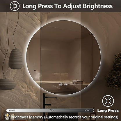 Niccy Round Led Mirror for Bathroom, 28" Circle Frameless Backlit Mirror wiht Light, Anti-Fog, 3 Colors, Waterproof, Memory Function