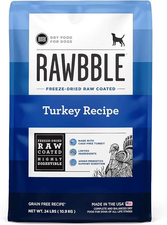 BIXBI Rawbble Dry Dog Food, Turkey, 24 lbs - USA Made with Fresh Meat - No Meat Meal & No Corn, Soy or Wheat - Freeze Dried Raw Coated Dog Food - Minimally Processed for Superior Digestibility-Mewly Pet