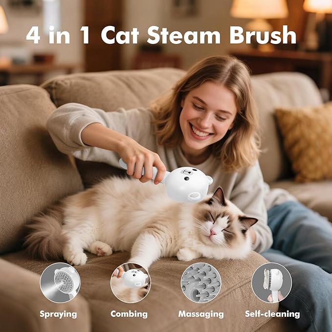 4 in 1 Pet Steam Brush for Cat & Dog, Cat Steam Brush for indoor Cats, Self Cleaning Shedding & Grooming Tool with Waterless Shampoo, Pet Spray Hair Removal Comb with Release Button & Water Tank-Mewly Pet