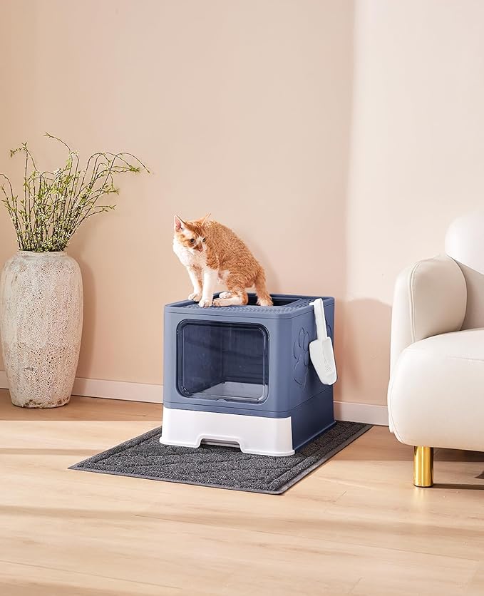 Cat Litter Box with X-Large Litter Mat and Scoop, Large Foldable Litter Box with Lid, Enclosed Kitty Box,Front Top Entry Exit, Odor Control Easy to Clean (Upgrade Midnight)-Mewly Pet