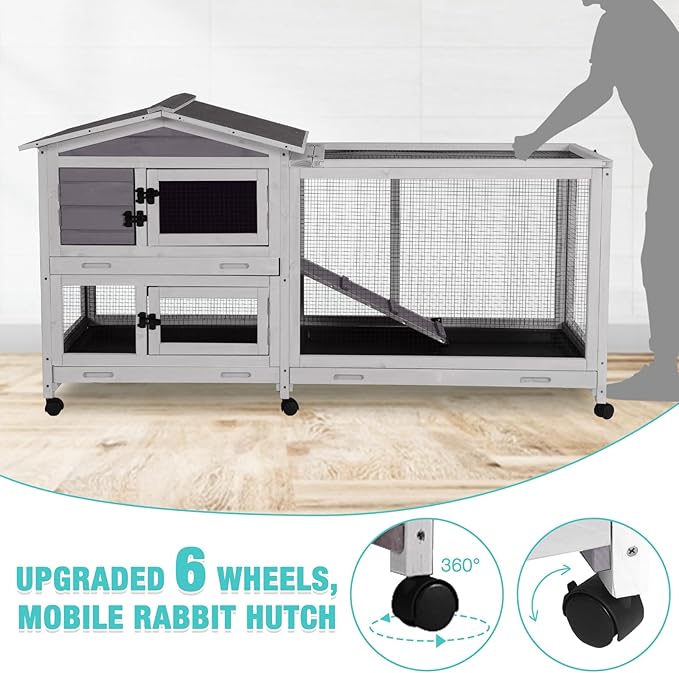 62" Rabbit Hutch with Chew-Proof Ramp & Waterproof Roof - Indoor/Outdoor Bunny Cage, 2-Story Design, 6 Lockable Caster Wheels & Dual Pull-Out Trays (Grey)-Mewly Pet