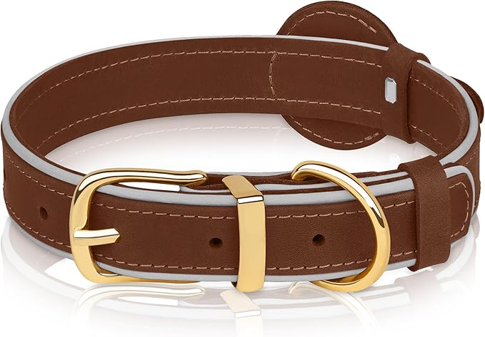 OOPSDOGGY Reflective Geniune Leather Airtag Dog Collar Soft Padded Collars for Small Medium Large Breed Dogs Puppy, 4 Sizes, 7 Colors (Brown, Small, 9"-12")-Mewly Pet