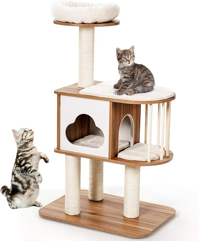 Tangkula Modern Wood Cat Tree, 46 Inches Cat Tower with Platform, Cat Activity Center with Scratching Posts and Washable Cushions, Wooden Cat Condo Furniture for Kittens and Cats (Natural)-Mewly Pet