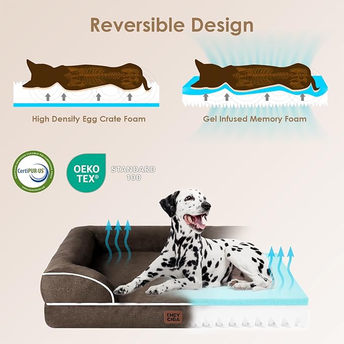 EHEYCIGA Orthopedic XL Dog Beds, Waterproof Memory Foam Dog Bed for Extra Large Dogs, Non-Slip Bottom and Egg-Crate Foam Big Pet Couch Bed with Washable Removable Cover, Brown-Mewly Pet