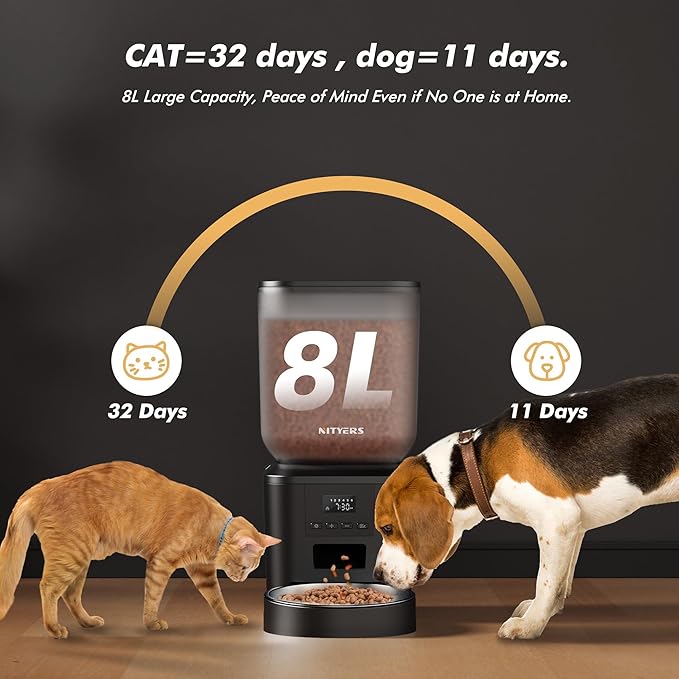 Automatic Dog Feeder - 8L/34 Cups Large Capacity Automatic Cat Food Dispenser with LCD Screen, Large Food Tray, Battery Operated, Timed Cat Feeder, Up to 50 Portions 6 Meals Per Day, Keeps Fresh-Mewly Pet