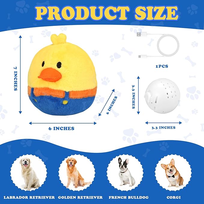 Rechargeable Interactive Moving Dog Toys, Automatic Crazy Jumping Duck for Boredom, Attractive Squeaky Plush Duck Covers A Talking Bouncing Ball with Recording Playback, Puppy Toys to Keep Them Busy-Mewly Pet