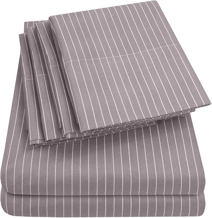 King Size Bed Sheets - 6 Piece 1500 Supreme Collection Fine Brushed Microfiber Deep Pocket King Sheet Set Bedding - 2 Extra Pillow Cases, Great Value, King, Pinstripe Gray