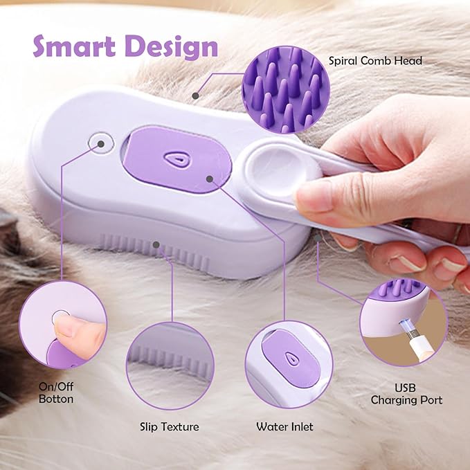 Cat Steam Brush, Rechargeable Pet Steam Grooming Brush with Collapsible Handle, Cat Brushes for Indoor Cats, Cat Water Brush, Detangling and Removing Loose Hair, includes Charging Cable-Mewly Pet