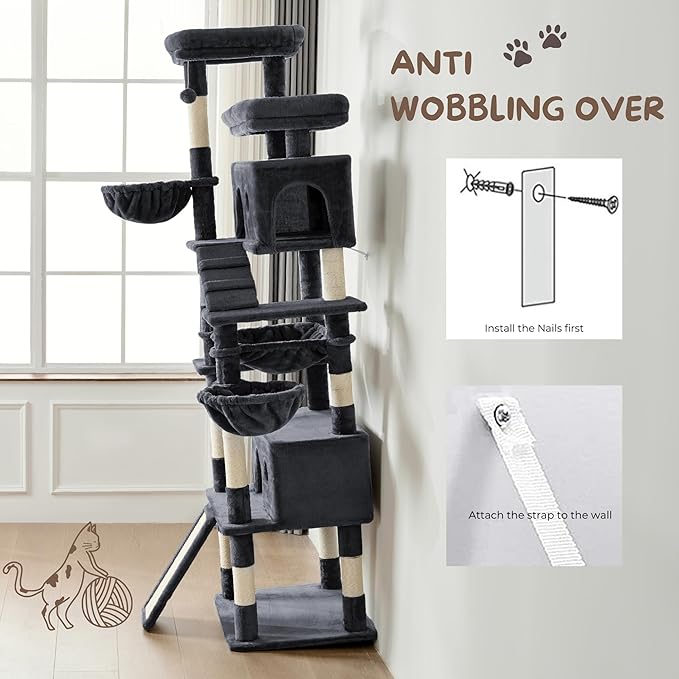 Cat Tree, 80-Inch Large Cat Tower with 9 Scratching Posts, 2 Perches, 2 Caves, 2 Basket, 2 Stairs, Extra Large Hammock, Pompoms, Multi-Level Plush Cat Condo for Indoor Cats/Smoky Grey-Mewly Pet