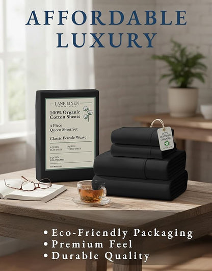 LANE LINEN 100% Organic Cotton Queen Size Sheets Set, Machine Wash Fully Elasticized Naturally Cooling Percale Weave Queen Size Deep Pocket Sheet Sets, Low Pill Eco Friendly Bed Sheets- Black