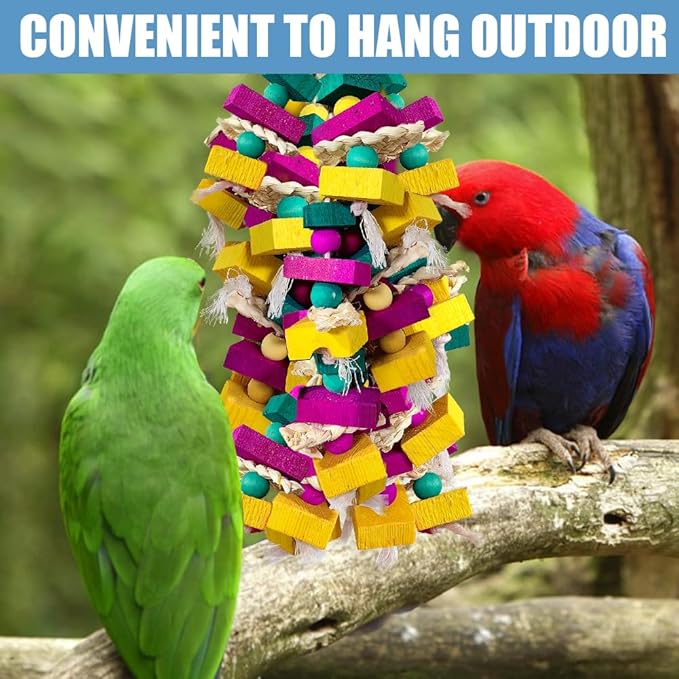 Large Bird Toys, Multi-Color Wooden Block with Bamboo Support Bird Chewing Toy Parrot Cage Bite Toy for Macaws Cokatoos African Grey and Large Medium Parrot Birds-Mewly Pet