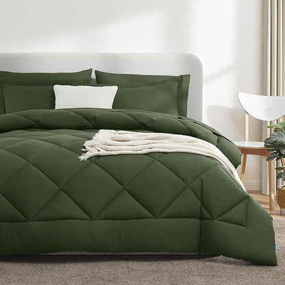 CozyLux Queen Comforter Set Olive Green - Bed in a Bag Queen Size 7 Pieces, Luxury Soft Bed Set for All Seasons, Bedding Set with Down Alternative Comforter, Sheets, Pillowcases & Shams