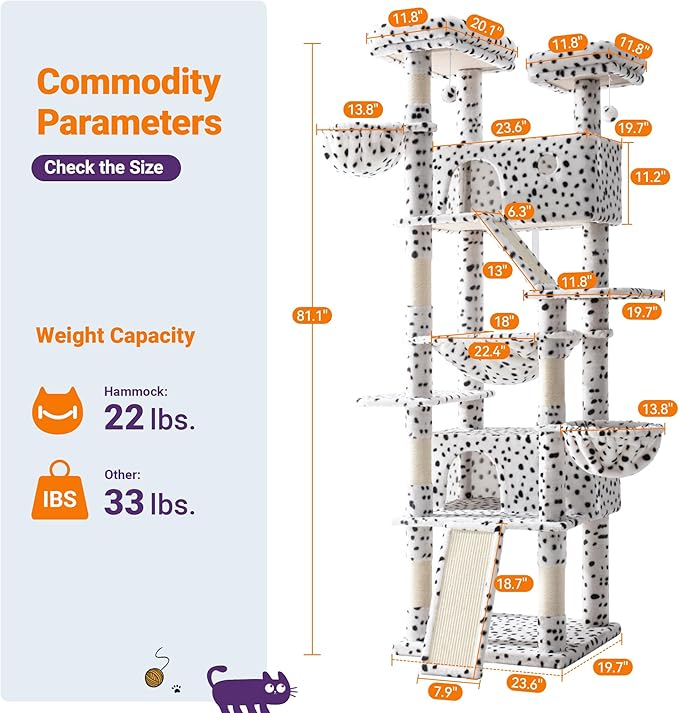 Allewie 81 Inches Tall Cat Tree/Multi-Level Large Climbing Tree House and Towers for Big Feline/Condo and Hammock/Scratching Post/Wide Base/White & Black Spot-Mewly Pet