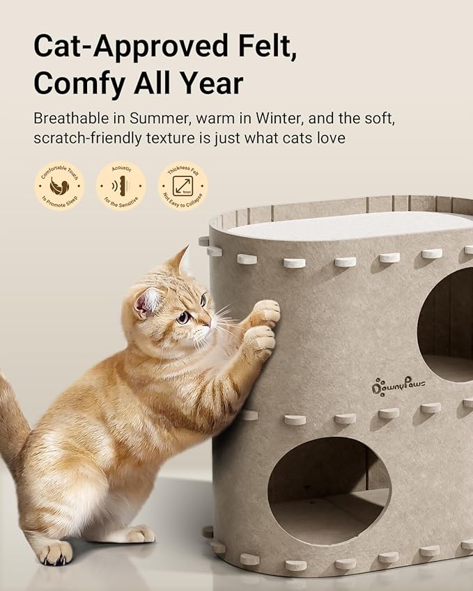 DownyPaws Cat House for Indoor Cats, 2-Storey Foldable Cat Bed Cave, Felt Cats Tunnel Bed Condo, Castle Kitten Cube Hideaway for Multicats, Scratch Resistant, Cream-Mewly Pet