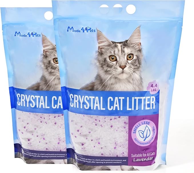 Made4Pets Cat Litter Crystals, Non Clumping Cat Litter Odor Control Kitty Litter Non Clumping No scooping Low Dust, Low Tracking, Lightweight, Dehydrates Waste, Lavender – 8.6 lbs (2 x 4.3 lb Packs)-Mewly Pet