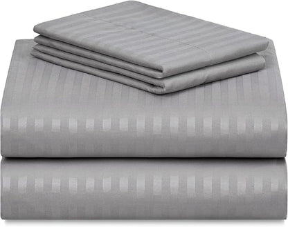 LuxClub 4 PC Queen Size Sheet Set Bed Sheets, Breathable Luxury Deep Pockets 16" Wrinkle Free Cooling Sheets Machine Washable Hotel Bedding (Queen, Striped Light Grey)