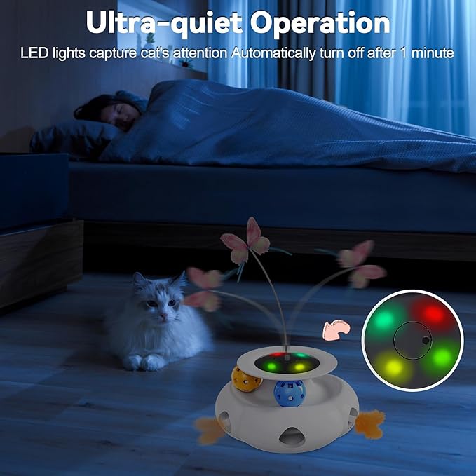 3in1 Interactive Cat Toys Moving Ambush Feather, Spinning Butterfly, Track Balls, Rechargeable Automatic Activated Kitten Toys for Indoor Cats, Cat Feather Toy for All Breeds-Mewly Pet