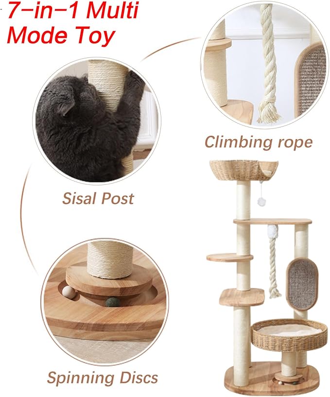 Wooden Cat Tree for Large Cat, 49.6-Inch Tall Cat Tower with Scratching Post for Indoor Cats, Multi-Level Cat Condo with Hand-Woven Cat Bed and Scratching Board Easy to Clean-Mewly Pet