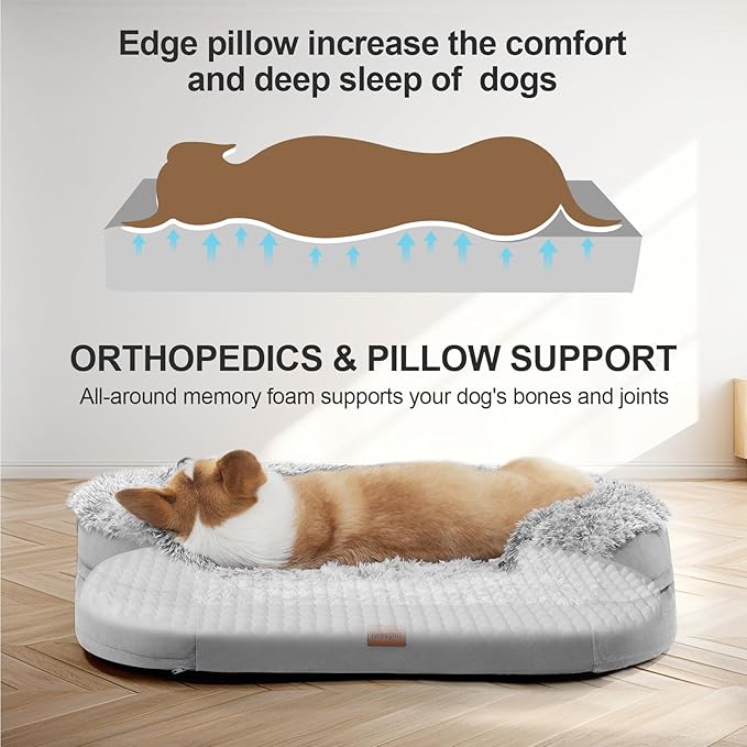 3.7 inch Thickened Orthopedic Dog Beds for Medium Dogs, Supportive Dog Sofa Bed with 28D Egg-Crate Foam, Removable Washable Plush Cover, Waterproof Lining, Half-Round Design for Puppy,Senior Dog-Mewly Pet