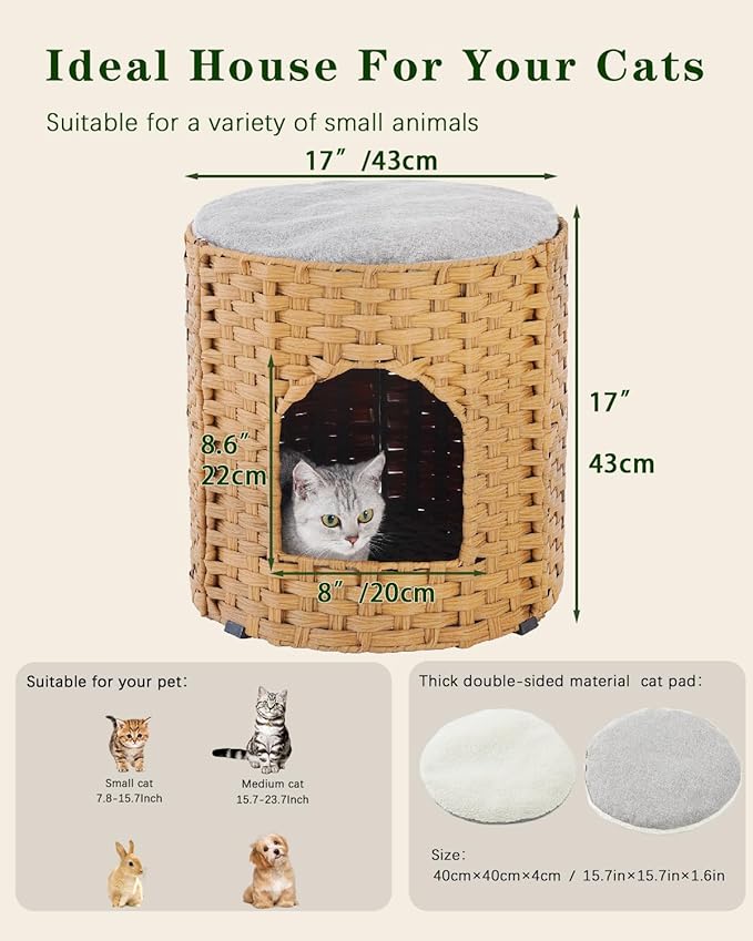 Cat House for Indoor Cat, Large Double Cat Houses Cat Bed Cave, Handwoven Rattan Pet Beds with One Soft Pad, 17 x 17 x 17 Inches Foldable Kitten Hideaway in Living Room Natural-Mewly Pet
